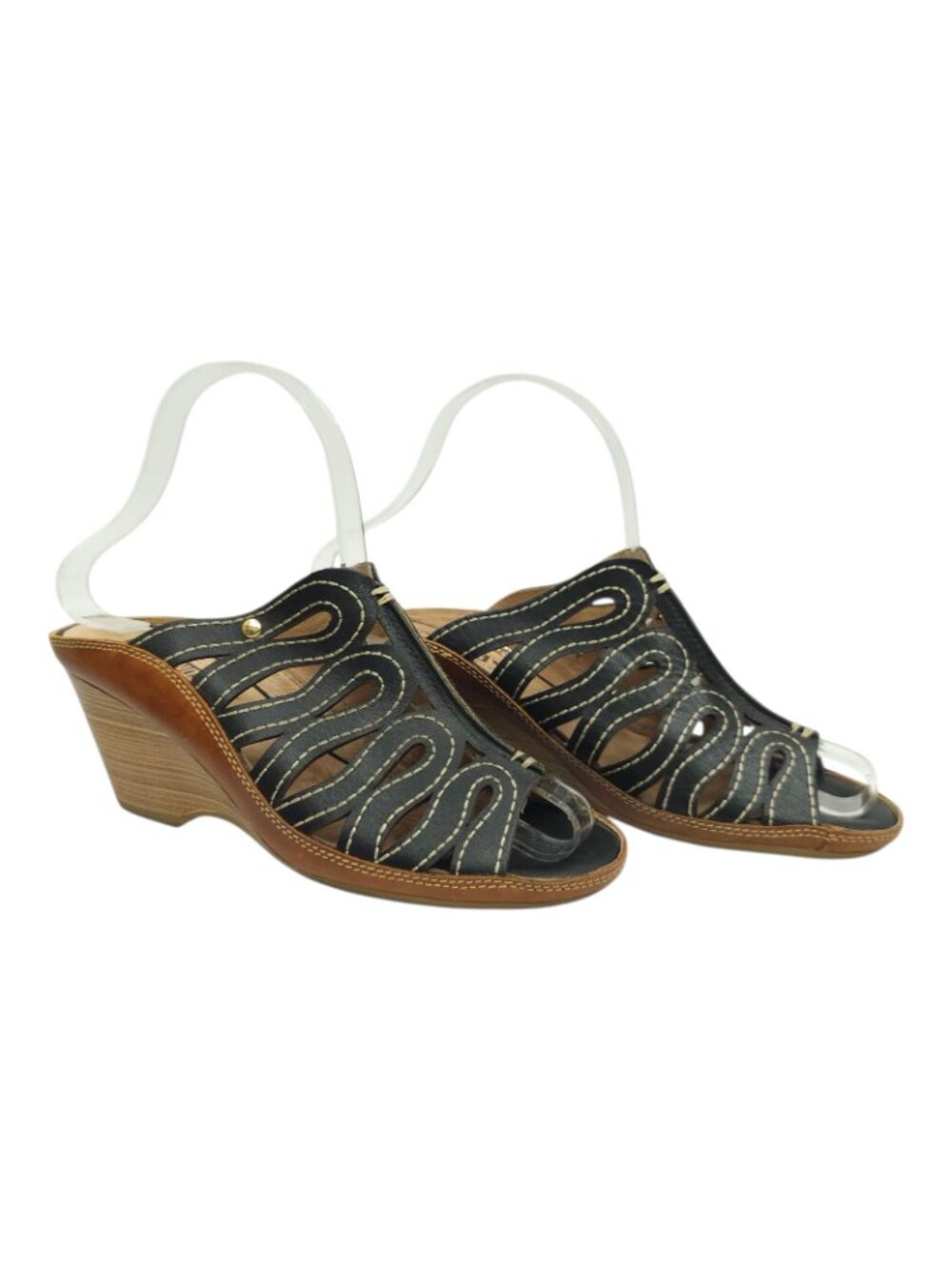 Pikolinos Capri Leather Wedge Sandals Womens 5.5 Open Toe Slide Mule Black Shoes - Picture 12 of 13